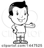 Clipart Of A Retro Black And White Presenting Boy In Shorts Royalty Free Vector Illustration