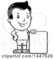 Clipart Of A Retro Black And White Boy In Shorts With A Blank Sign Royalty Free Vector Illustration
