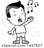 Clipart Of A Retro Black And White Singing Boy In Shorts Royalty Free Vector Illustration