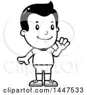 Clipart Of A Retro Black And White Waving Boy In Shorts Royalty Free Vector Illustration