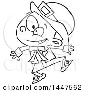 Clipart Of A Cartoon Black And White Lineart Energetic St Patricks Day Leprechaun Boy Jumping Royalty Free Vector Illustration