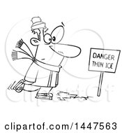 Poster, Art Print Of Cartoon Black And White Lineart Man Skating On Thin Ice