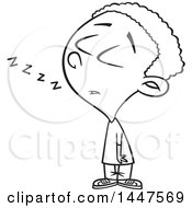 Poster, Art Print Of Cartoon Black And White Lineart African American Boy Dozing While Standing Up