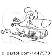 Poster, Art Print Of Cartoon Black And White Lineart Dog Grinning And Catching Air While Sledding