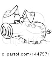 Clipart Of A Cartoon Black And White Lineart Pig In A Mud Puddle Royalty Free Vector Illustration