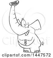 Clipart Of A Cartoon Black And White Lineart Grinning Lucky Elephant Royalty Free Vector Illustration