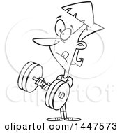 Clipart Of A Cartoon Black And White Lineart Woman Bodybuilding Working Out With A Heavy Dumbbell Royalty Free Vector Illustration