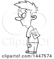 Clipart Of A Cartoon Black And White Lineart Bullied Boy With A Kick Me Sign On His Back Royalty Free Vector Illustration