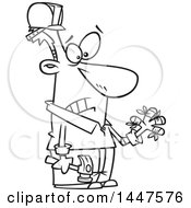 Poster, Art Print Of Cartoon Black And White Lineart Clumsy Male Carpenter Holding A Hammer And Looking At His Injured Fingers All Thumbs