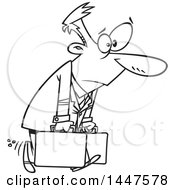 Clipart Of A Cartoon Black And White Lineart Exhausted Man Carrying Briefcases On A Business Trip Royalty Free Vector Illustration