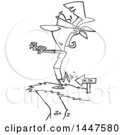 Clipart Of A Cartoon Black And White Lineart Blindfolded Woman Heading To A Cliffs Edge Royalty Free Vector Illustration