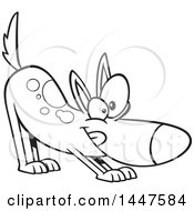 Clipart Of A Cartoon Black And White Lineart Puppy Stretching In A Downward Dog Yoga Position Royalty Free Vector Illustration