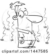 Clipart Of A Cartoon Black And White Lineart Man Watching Flies Drop Royalty Free Vector Illustration