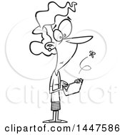Clipart Of A Cartoon Black And White Lineart Broke Woman Opening An Empty Wallet With A Fly Escaping Royalty Free Vector Illustration