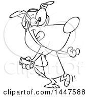 Clipart Of A Cartoon Black And White Lineart Dog Dancing And Listening To Music With An MP3 Player Royalty Free Vector Illustration