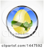 Clipart Of A Speckled Easter Egg With A Ribbon In A Blue Sky Frame On Shaded White Royalty Free Vector Illustration