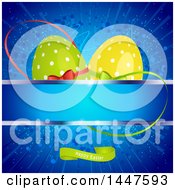 Poster, Art Print Of Blue Easter Background With Green And Yellow Polka Dot Eggs Over A Banner And Text Space