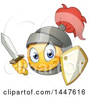 Poster, Art Print Of Yellow Cartoon Emoji Emoticon Knight Smiley Face With A Sword And Shield