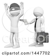 Clipart Of A 3d White Collar Criminal Business Man Aiming A Gun At A Robber On A White Background Royalty Free Illustration by Texelart