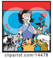 Woman Surrounded By Dogs In An Animal Shelter Thinking Of Which One To Adopt Clipart Illustration by Andy Nortnik