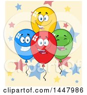 Poster, Art Print Of Cartoon Group Of Happy Party Balloon Mascots Over Stars