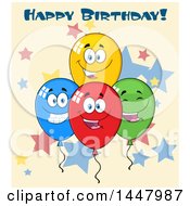 Poster, Art Print Of Cartoon Group Of Party Balloon Mascots With Happy Birthday Text Over Stars