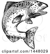 Poster, Art Print Of Black And White Sketched Jumping Salmon Fish