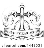 Poster, Art Print Of Black And White Cross With Doves And A Happy Easter Ribbon Banner