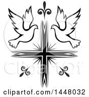 Clipart Of A Black And White Easter Cross With Doves Royalty Free Vector Illustration