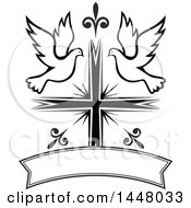 Clipart Of A Black And White Easter Cross With Doves And A Blank Ribbon Banner Royalty Free Vector Illustration