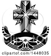 Clipart Of A Black And White Easter Cross Over A Blank Ribbon Banner Royalty Free Vector Illustration