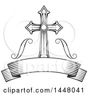 Clipart Of A Beautiful Black And White Easter Cross Over A Blank Ribbon Banner Royalty Free Vector Illustration