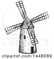 Clipart Of A Black And White Sketched Windmill Royalty Free Vector Illustration