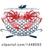 Poster, Art Print Of Red Crab On A Navy Blue Net Under A Boat With Hooks