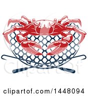 Poster, Art Print Of Red Crab On A Navy Blue Net With Hooks