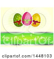 Poster, Art Print Of Polka Dot Easter Eggs With Bows Over Rays And A Green Banner