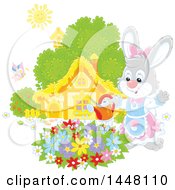 Poster, Art Print Of Happy Female Bunny Rabbit Watering A Flower Garden On A Spring Day