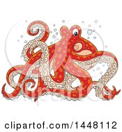 Clipart Of A Cartoon Red Octopus Walking On Its Tentacles Royalty Free Vector Illustration by Alex Bannykh