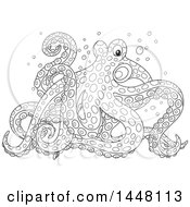 Poster, Art Print Of Cartoon Black And White Lineart Octopus Walking On Its Tentacles