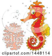 Cartoon Cute Red Seahorse By Coral