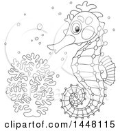 Poster, Art Print Of Cartoon Black And White Lineart Cute Seahorse By Coral