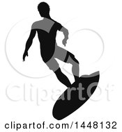 Clipart Of A Black Silhouetted Man Surfing Royalty Free Vector Illustration