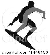 Clipart Of A Black Silhouetted Man Surfing Royalty Free Vector Illustration