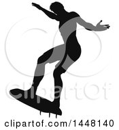 Clipart Of A Black Silhouetted Man Surfing Royalty Free Vector Illustration by AtStockIllustration
