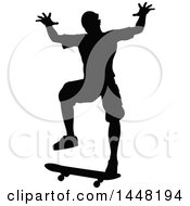 Clipart Of A Black Silhouetted Man Skateboarding Royalty Free Vector Illustration
