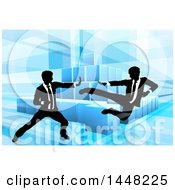 Poster, Art Print Of Black And White Silhouetted Business Men Fighting Over Blocks On Blue