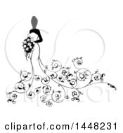 Clipart Of A Silhouetted Black And White Bride In Her Dress With Swirls Royalty Free Vector Illustration