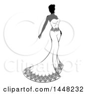 Clipart Of A Silhouetted Black And White Bride In A Strapless Dress Royalty Free Vector Illustration