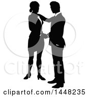 Clipart Of A Black And White Silhouetted Business Woman And Man Shaking Hands Royalty Free Vector Illustration