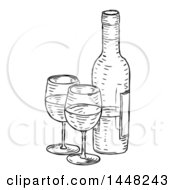 Clipart Of A Black And White Vintage Engraved Wine Bottle And Glasses Royalty Free Vector Illustration